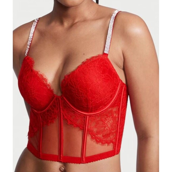 Victoria's Secret 38DD Very Sexy Shine Strap Push-Up Corset Top Bustier Bra Red - Picture 3 of 10